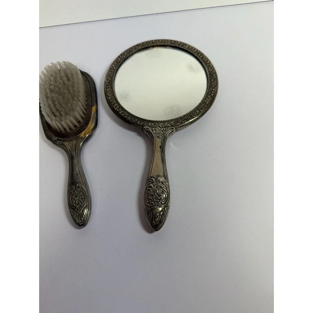 Vintage Ornate‎ Silver Plated Repousse Rose Vanity Hand Mirror and Brush Set